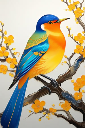 A bird is sitting on a branch of a tree. The bird is orange and blue with a yellow beak. There are yellow flowers on the branches around the bird.,enamel color