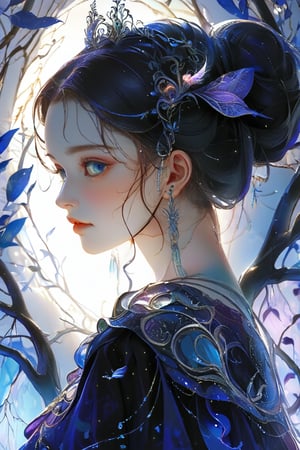 In a studio setting, a young woman embodies the ethereal grace of a fairy princess, her gaze locked with the viewer's. The image, reminiscent of Nene Thomas' fantasy works, is iridescent, casting a spell of colors in black, blue, and purple. The Spencer script swirls around her, enhancing the mystical aura. The branches twist and turn, playing with shadows and light, while the shallow depth of field focuses on her detailed features and bright eyes, creating a high-contrast masterpiece.,enamel color