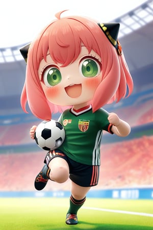 masterpiece, top quality, high resolution, PVC, render, chibi, high resolution, single woman, Anya Forger, pink hair, bob hair, grey eyes, smiling, selfish target, watching soccer, wearing soccer uniform, cheering, soccer stadium, chibi, smiling, grinning, self-satisfied, full body, chibi, 3d figure, toy, doll, character print, front view, natural light, ((realistic)) 1.2)), dynamic pose, medium movement, perfect cinematic perfect lighting, perfect composition, Anya Forger Spy x Family,