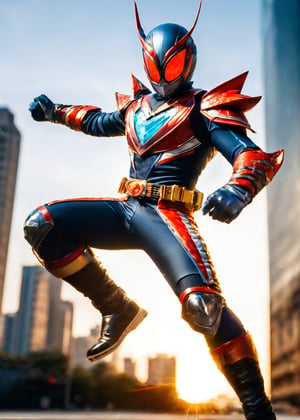 Kamen Rider, real photo, real stick, detailed, solo, gloves, one boy, full body, dynamic pose, fighting pose, outdoors, city, male focus, transformation belt, armor, bodysuit, mask, helmet, transformation pose, photo background, special effects, clear image