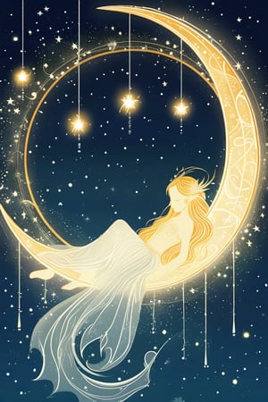 Moonlit Enchantment: A fairy's delicate form is framed by a crescent-shaped archway of twinkling stars, as a gossamer strand of luminescent runes envelops her slumbering figure. Softly glowing orbs of light dance across her skin, gradually illuminating her features as the ancient magic stirs her from repose.