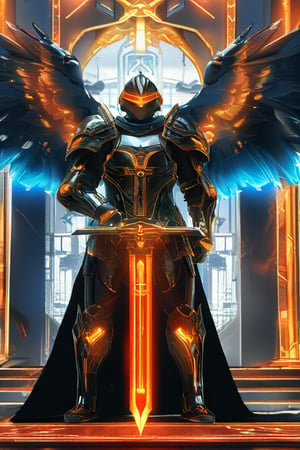 A hyper-realistic image of a royal knight clad in advanced, exoskeleton armor that combines traditional royal insignias with cutting-edge technology. The armor is made of a reflective, black alloy with gold accents, featuring energy shields and retractable wings. The knight stands with a powerful stance, holding a glowing, energy-infused sword. The background is a high-tech throne room with holographic banners and a throne that hovers above the ground, illuminated by a soft, ethereal light.,enamel color