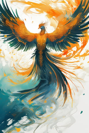 A majestic phoenix's silhouette stands out against a mesmerizing backdrop of swirling ink brushstrokes. The phoenix's piercing gaze meets the viewer's as it rises from the ashes, suspended in a dramatic ascent pose. A veil of ink rain and smoke surrounds the subject, with delicate droplets glistening like tiny jewels. Masterfully crafted digital art with a professional touch, this stunning image exudes a sense of mastery.,enamel color