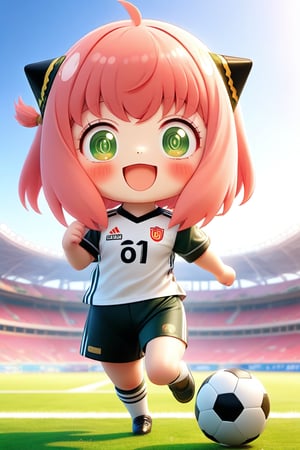 masterpiece, top quality, high resolution, PVC, render, chibi, high resolution, single woman, Anya Forger, pink hair, bob hair, grey eyes, smiling, selfish target, watching soccer, wearing soccer uniform, cheering, soccer stadium, chibi, smiling, grinning, self-satisfied, full body, chibi, 3d figure, toy, doll, character print, front view, natural light, ((realistic)) 1.2)), dynamic pose, medium movement, perfect cinematic perfect lighting, perfect composition, Anya Forger Spy x Family,