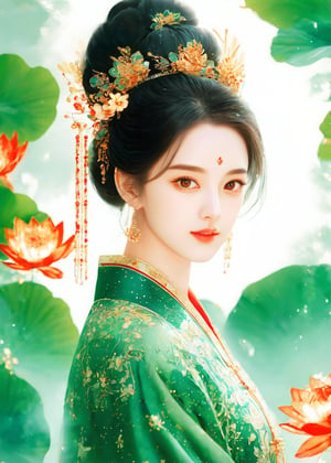 (ancient traditional Chinese lady),(ultra-fine Pale green pointillism),lacquerwork,fusuma picture,extremely delicated and beautiful,8K,faint smile,Matte color,(illustration Style),(beautiful detailed eyes:1.2),Lotus flowers,an indescribable atmosphere,super model,enamel color