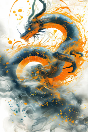 A majestic dragon's silhouette stands out against a mesmerizing backdrop of swirling ink brushstrokes. The dragon's piercing gaze meets the viewer's as it rises from the ashes, suspended in a dramatic ascent pose. A veil of ink rain and smoke surrounds the subject, with delicate droplets glistening like tiny jewels. Masterfully crafted digital art with a professional touch, this stunning image exudes a sense of mastery.,enamel color