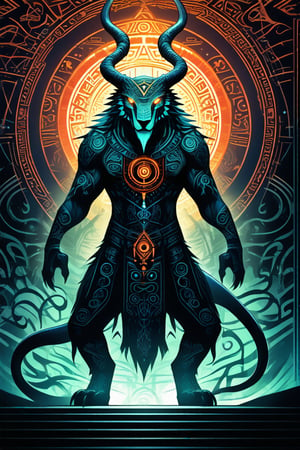 A majestic creature stands tall, its entire body covered in intricate, swirling symbols of ancient mysticism. The air is thick with an otherworldly energy as the beast's piercing gaze seems to bore into the soul. Framed against a dark, mystical backdrop, the creature's ethereal glow illuminates the mysterious hieroglyphics that dance across its form.