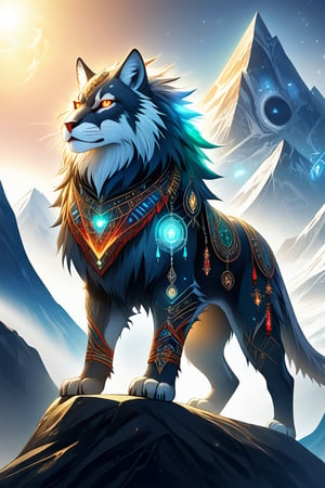 A majestic creature with an ethereal aura, its entire body adorned with mysterious symbols and runes that seem to pulse with an otherworldly energy. The beast's eyes gleam with ancient wisdom as it stands atop a misty mountain peak, the symbol-studded fur glistening in the soft, mystical light.