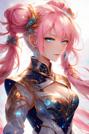 Beautiful girl. She is very badass, she wears a very luxurious outfit. detailed image, detailed skin, upper body, looking at viewer, twintails cut. Pink hair, blue eyes. White background, ((masterpiece: 1.2)), light particles, light particles in background, Anime style.,enamel color