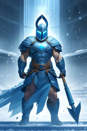 A gladiator in icy blue armor emitting a frosty aura. His helmet has sleek, aerodynamic lines, and he wields a massive frost-covered hammer. His cold, determined eyes are visible through his helmet. The arena's cool, ethereal light casts a chill, with ice particles and vapor enhancing the frozen, majestic scene.