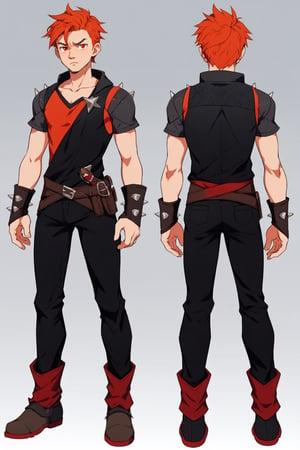 fantasy, rpg, chara-sheet, front view, back view, looking at his front, skinny, 1boy, manly, tom holland, orange hair, young, simple background, thief clotles, red eyes, frown, spiked hair,