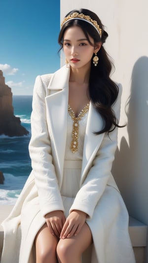 best quality, masterpiece.	Amidst a serene snow-covered landscape, a beautiful Argentine girl stands as a vision of modern grace, her long wavy black hair flowing beneath a chic white wool coat inspired by the opulence of Rococo, Chanel, and Versace.	Her ensemble captures the essence of today's Hollywood star, infusing Rococo-inspired beauty with the practicality and style of the latest gym attire, complemented by a fashionable headband, showcasing a blend of timeless grace and modern sporty chic.	ultra realistic illustration,siena natural ratio, by Ai Pic 3D,	16K, (HDR:1.4), high contrast, bokeh:1.2, lens flare,	Full length side view, lean against the wall, 	iquid hands and feet spinning, 20 mm, with cerulean and white ocean water waves, melting smoothly into asymmetrical bubbles and flowers, liquid, delicate, intricate, houdini sidefx, trending on artstation, by jeremy mann and ilya kuvshinov, jamie hewlett and ayami kojima, Mysterious.