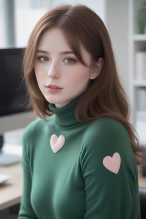1girl, solo, expressive, hearts, dynamic, brown hair, brown eyes, pale skin girl, pale skin, freckles, green turtleneck, cozy, blush, in_office, looking_longingly, seductive, sexy_woman
