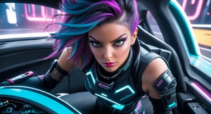 Penelope Fitstop Inspired Woman in Cyberpunk Car Race: Wearing a Cyberpunk Racing costume, driving a car of the future in a high-speed race (camera: in-car camera view of Penelope's concentration and determination while racing), SDXL, realistic,SDXL