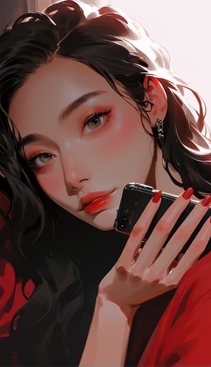 score_9, score_8_up, score_7_up, (sketch drawing),  (Misterious mood), beautiful young woman, , , highly detailed, masterpiece, upper body, finely detailed skin, perfect small breasts,(1girl, solo, long hair, black hair, jewelry, weapon, earrings, handphone, nail polish, makeup, red shirt,), Fine art style,Expressiveh,portrait art,dark, ,concept art,B0ld01lp41nt,dark theme,charcoal \(medium\),photo_b00ster