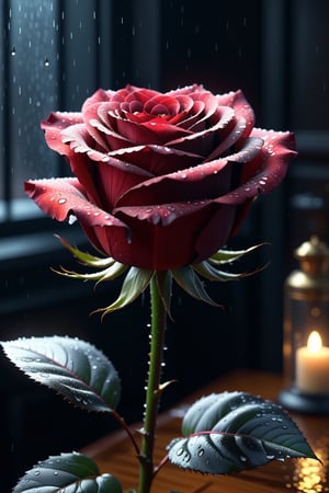 ASCII  Masterpiece, (cosy), (ultra high res, mj,best quality,highly detailed:1.5),(cinematic),(volumetric lighting, volumetric shadows:1.5),Amazing, (8k details),(photorealistic:1.4), (warm lighting,ray tracing,dynamic lighting:1.5),
a black rose up close illuminated by divine grace radiated with ancestral light on a rainy day