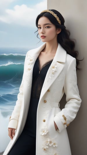 best quality, masterpiece.	Amidst a serene snow-covered landscape, a beautiful Argentine girl stands as a vision of modern grace, her long wavy black hair flowing beneath a chic white wool coat inspired by the opulence of Rococo, Chanel, and Versace.	Her ensemble captures the essence of today's Hollywood star, infusing Rococo-inspired beauty with the practicality and style of the latest gym attire, complemented by a fashionable headband, showcasing a blend of timeless grace and modern sporty chic.	ultra realistic illustration,siena natural ratio, by Ai Pic 3D,	16K, (HDR:1.4), high contrast, bokeh:1.2, lens flare,	Full length side view, lean against the wall, 	iquid hands and feet spinning, 20 mm, with cerulean and white ocean water waves, melting smoothly into asymmetrical bubbles and flowers, liquid, delicate, intricate, houdini sidefx, trending on artstation, by jeremy mann and ilya kuvshinov, jamie hewlett and ayami kojima, Mysterious.