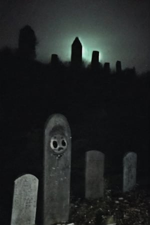 abandoned graveyard, thumbstones, creature behind thumbstone, darkness, night, sinister, rfktrfod
