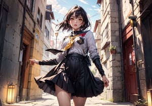 (best quality, highres:1.2), ultra-detailed, realistic, Karla Kure (Kengan Ashura), origin, school uniform, 1 girl, yellow eyes, black eyelids, dark purple hair, solo, outdoors, looking at the viewer, masterpiece, illustration,ShirakawaRuna, undercut, 
full body 