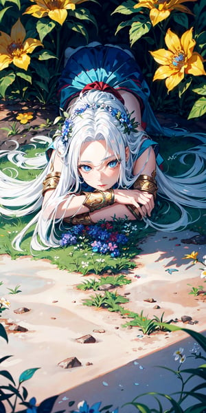 1 girl, white hair, long hair, hair forward, light blue eyes, deep gaze, lying on the ground under a tree, view from above, flowers all over the floor, super detailed image, perfect face, mix of fantasy and realism , hdr, ultra hd, 4k, 8k