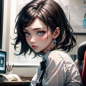 (best quality, highres:1.2), ultra-detailed, realistic, Karla Kure (Kengan Ashura), origin, office dress , 1 girl, dark eyes, black eyelids, dark hair, solo, looking at the viewer, masterpiece, illustration,ShirakawaRuna,  
sitting in office, upper body, pretty face, white shirt, night time, close up