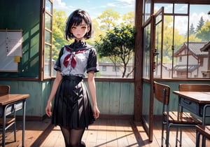 (best quality, highres:1.2), ultra-detailed, realistic, Karla Kure (Kengan Ashura), origin, school uniform, 1 girl, yellow eyes, black eyelids, dark purple hair, solo, outdoors, looking at the viewer, masterpiece, illustration,ShirakawaRuna, undercut, 
full body, classroom