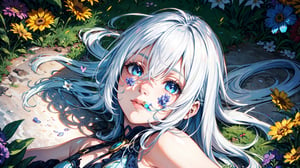 1 girl, white hair, long hair, hair forward, light blue eyes, deep gaze, lying on the ground under a tree, view from above, flowers all over the floor, super detailed image, perfect face, mix of fantasy and realism , hdr, ultra hd, 4k, 8k