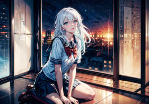 1 girl, white hair, long hair, forward hair, light blue eyes, deep look, sitting on the floor under a window at night, full body, perfect face, mix of fantasy and realism, hdr, ultra hd, 4k, 8k,SAM YANG, school_uniform, classroom