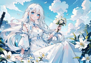 (masterpiece, best quality, highres:1.3), ultra resolution image, (1girl), (solo), kawaii, white hair, long hair, blue eyes, white dress, nature accessories, outdoors, clouds, holding white flowers, white flowers, beautiful lighting