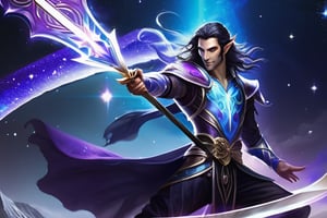 d&d, astral male elf, dark long hair with cosmic twinkles, purple eyes with cosmic twinkles, pale skin, with (scimitar, curved sword, twinblades) in two hand, astral plain background, magic armor, ((sword dancer)), ((dancing with swords))