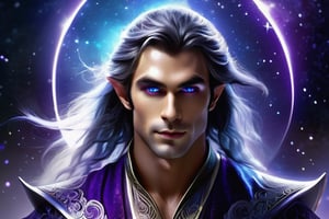 In a dimly lit astral plain, an ethereal male elf stands poised, his dark locks shimmering with cosmic twinkles that dance across his long hair like stardust. His pale skin glows softly, illuminated by the faint luminescence of the mystical background. The elf's piercing purple eyes sparkle with an otherworldly intensity, their twinkle mirroring the celestial lights that adorn his tresses. He wields two curved swords, a scimitar and twinblades, in a fluid motion, as if dancing with the very fabric of reality. His magic armor glows with a soft blue aura, reflecting the harmony between his martial prowess and the astral energies surrounding him. The air is charged with the elf's kinetic energy, as he orchestrates a symphony of steel and starlight, his blades weaving intricate patterns in the darkness.