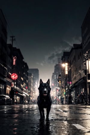 dog, a black dog on the city, dog Breathing fire,Look from a distance,sketch, police_vehicle