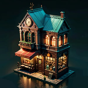 best quality,(masterpiece:1.1),small cafe,neon light, isometric view,high resolution,detailed details,simple background,