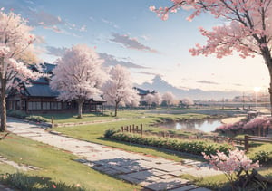 masterpiece,absurdres,best quality,extremely detailed,highres,landscape,evening,light,sakura tree,（school：1.41）,sunset,Sakura falling,gentle breeze