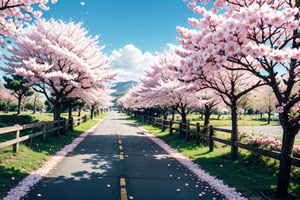 Cherry blossom trees lined both sides of the tranquil road, filling it beautifully. Cherry blossom petals fluttered in the gentle breeze, adding an artistic mood to the air. This scene is truly beautiful and peaceful.