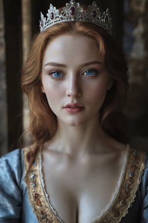Generate hyper realistic image of a ,Medieval French Queen, her captivating blue eyes fixed on the viewer with an alluring gaze. With her lips slightly parted, she exudes an aura of sensual confidence, her freckles adding to her natural charm. Through the gently parted blinds, the soft light caresses her medium-sized breasts, accentuating the subtle curve of her cleavage, inviting you into her world of irresistible allure.