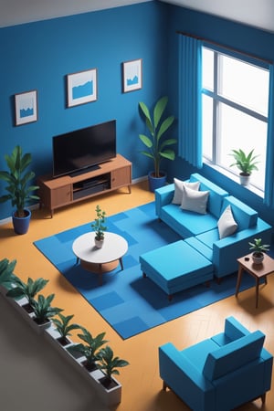 isometric, minimalistic, simple scene, blue colors, 2D,  The living room of a house, a TV, an armchair
