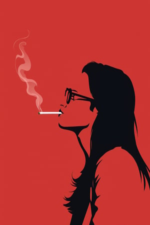 AiArtV, Flat Illustration, Vector Illustration, 1gir,solo,long hair,simple background,monochrome,upper body,glasses,from side,profile,mouth hold,red background,cigarette,smoking,red theme