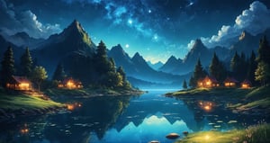Beautifully wavy lake under the night sky, magical scenery in dreams, clouds and stars hanging in the sky, magic, beautiful scenery, illustrations, careful brush touch