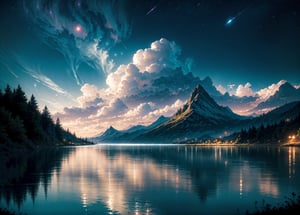 Beautifully wavy lake under the night sky, magical scenery in dreams, clouds and stars hanging in the sky, magic, beautiful scenery, illustrations, careful brush touch