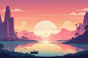 (style of Kurzgesagt and James Gilleard:1.25), morning, wide landscape, retro artstyle, award-winning, minimalist, simple, (Minimal vector art, vector art:1.2),