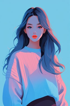 shadow flat vector art, illustrator, anime , realistic ,sketch , 1girl, ,lip, Sweater,order, light Blue gradient background, Neon long hair,Textured crop