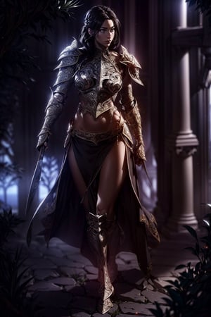 (masterpiece),  (extremely intricate:1.5),  (realistic),  (brown skin:1.4),  delicate\(armor\),  full armor,  (white faulds:1.3),  (cuisses:1.5),  portrait of a woman,  the most beautiful in the world,  fantasy female warrior in (pure decorated silver armor:1.5),  (long black hair:1.4),  amber eyes,  full body,  intense sunlight,  forest,  professional photograph of a stunning woman,  detailed,  intricate,  perfect body,  gorgeous face,  sharp focus,  dramatic,  award winning,  cinematic lighting,  octane render,  unreal engine,  volumetrics dtx,  (photorealistic:1.5),  (90's fantasy art),