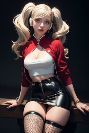 masterpiece, best quality, (detailed background), (beautiful detailed face, beautiful detailed eyes), absurdres, highres, ultra detailed, masterpiece, best quality, detailed eyes, takamaki anne, persona 5 game, solo, jewelry, swept bangs, medium breasts, earrings, blue eyes, hair ornament, platinum blonde hair, full body, 1girl, parted lips, twintails, hairclip, long hair, cleavage, stud earrings, at shibuya, black red skirt with square pattern, red crop top sweater, fishnet stockings, red sneakers, pair of silver headphones,