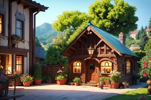 "Inviting 3D render, depicting a cozy house nestled in a quaint village setting. The house exudes warmth and comfort, with a charming exterior and well-tended garden. Surrounding houses and village scenery add to the picturesque atmosphere, enhancing the sense of community. Every architectural detail is carefully crafted to evoke a feeling of homeliness and tranquility.",More Detail