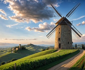 (Documentary photograph:1.3) of a wonderful (windmill on a green hill of the lovely Tuscan landscape:1.4), 14th century, (golden ratio:1.3), (medieval architecture:1.3),(stone wall:1.1), overlooking the valley, dawn light, intense blue sky with imposing cumulonimbus clouuds. BREAK shot on Canon EOS 5D, (from below:1.3), Fujicolor Pro film, vignette, highest quality, original shot. BREAK three-quarters view, well-lit, (perfect focus:1.2), award winning, detailed and intricate, masterpiece, itacstl,real_booster,