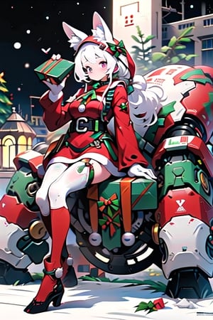 (8k,  RAW photo,  best quality,  masterpiece:1.2),  ultra detailed,  ultra high res,  (Christmas,  santa costume :1.3,  sexy santa,  night :1.3) , (outdoor decorated for christmas :1.3,  illuminated light) , looking at viewer,  (sitting
 :1.3,  holding a present in hand),  jmf,  jml , 1,,(mecha musume:1.2),Rabbit ear,cat ear