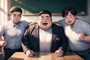 (masterpiece,  best quality),  high quality,  absurdres,  highres,
3boys,(fat boys:1.2),(hair_over_eyes),white_shirt,pants,bush,laughing,looking_at_viewer,upper body,
BREAK,
School Classroom,sunlight,
