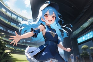 {{{loli}}},four fingers and a thumb,,nice hands, perfect hands, best quality, highly detailed, masterpiece, ultra-detailed, illustration, best quality, highly detailed, masterpiece, ultra-detailed, illustration, long hair, blue hair, red eyes, {{masterpiece}}, small breasts, ahoge, 1girl, {{{blue chinese clothes}}}, {{{{{{{{blue tabard}}}}}}}}, detached sleeves, {{wide sleeves}}, long sleeves, {{frilled sleeves}}, blue skirt, {{frilled skirt}}, {{miniskirt}}, {{obi}}, blue stockings, open toe sandals,Happy, outdoor, sky garden, baseball cap, baseball glove