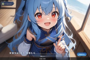 {{{loli}}},four fingers and a thumb,,nice hands, perfect hands, best quality, highly detailed, masterpiece, ultra-detailed, illustration, best quality, highly detailed, masterpiece, ultra-detailed, illustration, long hair, blue hair, red eyes, {{masterpiece}}, small breasts, ahoge, 1girl, {{{blue chinese clothes}}}, {{{{{{{{blue tabard}}}}}}}}, detached sleeves, {{wide sleeves}}, long sleeves, {{frilled sleeves}}, blue skirt, {{frilled skirt}}, {{miniskirt}}, {{obi}}, blue stockings, open toe sandals, smile, game screen,,(Princess Maker),,{{user interface,gameplay_mechanics,fake screenshot}} ,{{masterpiece}}, {{{best quality}}}, {{ultra-detailed}}, {{illustration}}, {{disheveled hair}},depth of field,loli,{{{torn clothes}}},Dialog text box